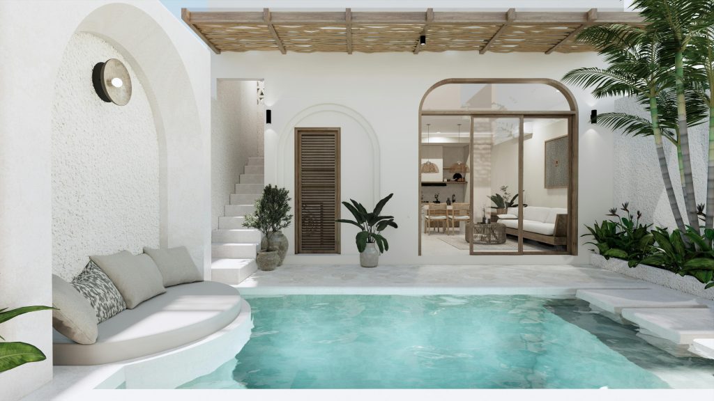 Luxurious Bali villa with private pool, tropical plants, and modern minimalist decor.